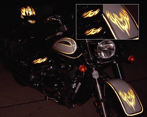 Motorcycle Graphic kit:
Fender Flames,  Tank Flames
Reflective motorcycle graphic kit
Custom motorcycle graphic kit

